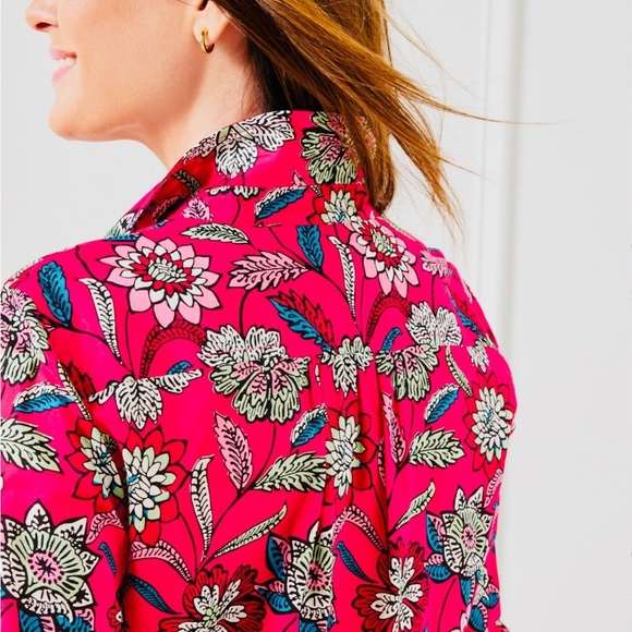 TALBOTS COTTON BUTTON FRONT PINK SHIRT - BEAUTIFUL BOTANICAL SIZE M - Picture 5 of 11